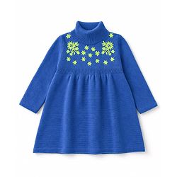 Babyhug Sweater-knit Full Sleeves Dress With Floral Embroidered - Royal Blue