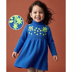 Babyhug Sweater-knit Full Sleeves Dress With Floral Embroidered - Royal Blue
