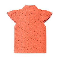 Babyhug 100% Cotton Woven Knotted Top with Half Sleeves and Floral Schiffli Detailing - Coral