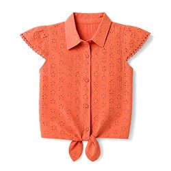 Babyhug 100% Cotton Woven Knotted Top with Half Sleeves and Floral Schiffli Detailing - Coral