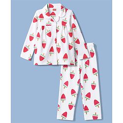 Babyhug 100% Cotton Knit Full Sleeves Watermelon Shaped Popsicles Printed Co-Ords Shirt & Pyjama Night Suit - White & Red