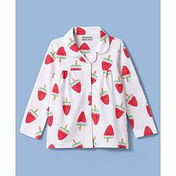 Babyhug 100% Cotton Knit Full Sleeves Watermelon Shaped Popsicles Printed Co-Ords Shirt & Pyjama Night Suit - White & Red