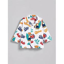 Babyhug 100% Cotton Knit Full Sleeves Animal & Surf Theme Printed Co-Ords Shirt & Pyjama Night Suit - White