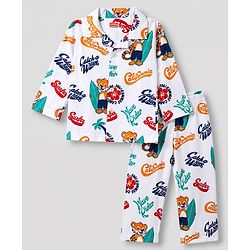 Babyhug 100% Cotton Knit Full Sleeves Animal & Surf Theme Printed Co-Ords Shirt & Pyjama Night Suit - White