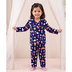 Babyhug Cotton Knit Full Sleeves Floral Butterfly & Hearts Printed Co-Ords Shirt & Pyjama Night Suit - Navy Blue