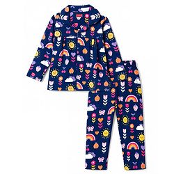 Babyhug Cotton Knit Full Sleeves Floral Butterfly & Hearts Printed Co-Ords Shirt & Pyjama Night Suit - Navy Blue