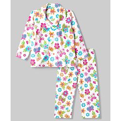 Babyhug 100% Cotton Knit Full Sleeves Shirt & Pyjama Night Suit with Floral Print - White