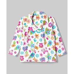 Babyhug 100% Cotton Knit Full Sleeves Shirt & Pyjama Night Suit with Floral Print - White