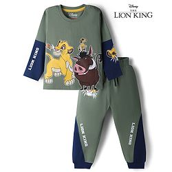 Babyhug Disney Single Jersey Knit Full Sleeve T-shirts & Joggers Set With Lion King Graphic & Cut & Sew Design - Green & Navy Blue
