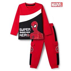 Babyhug Marvel Single Jersey Knit Full Sleeve Cut and Sew T-shirt & Joggers Set With Spider-man Graphics - Red