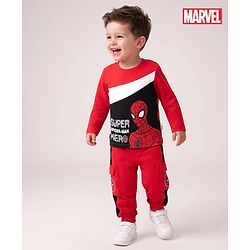 Babyhug Marvel Single Jersey Knit Full Sleeve Cut and Sew T-shirt & Joggers Set With Spider-man Graphics - Red