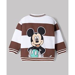 Babyhug Disney Terry Knit Oversized Striped Polo T-Shirt with Full Sleeves Front and Back Mickey Mouse Print - Brown