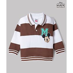 Babyhug Disney Terry Knit Oversized Striped Polo T-Shirt with Full Sleeves Front and Back Mickey Mouse Print - Brown
