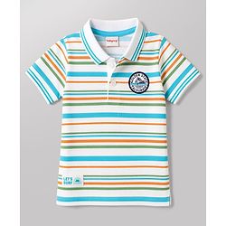 Babyhug 100% Cotton Knit Half Sleeves Striped Polo T-Shirt With Nautical Theme - White