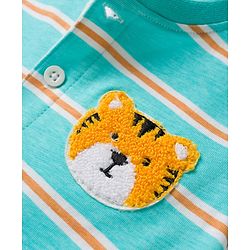 Babyhug 100% Cotton Knit Half Sleeves Henley Neck Striped T-Shirt with Cub Embroidery - Sea Green