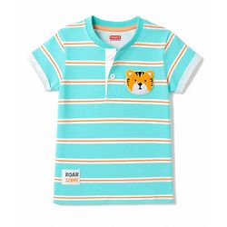 Babyhug 100% Cotton Knit Half Sleeves Henley Neck Striped T-Shirt with Cub Embroidery - Sea Green