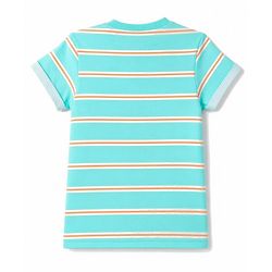 Babyhug 100% Cotton Knit Half Sleeves Henley Neck Striped T-Shirt with Cub Embroidery - Sea Green