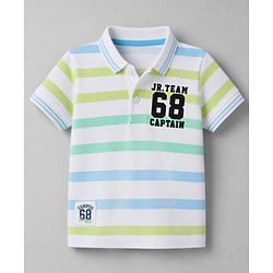 Babyhug 100% Cotton Knit Half Sleeves Polo T-Shirt with Stripes & Jr. Team Captain Print- White