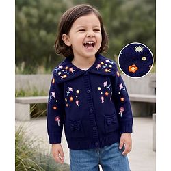 Babyhug Knit Full Sleeves Floral Embroidered Front Open Sweater With Cable Knit - Navy Blue