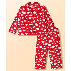 Babyhug Cotton Knit Full Sleeves Shirt & Pyjama Night Suit with Hearts Print - Red