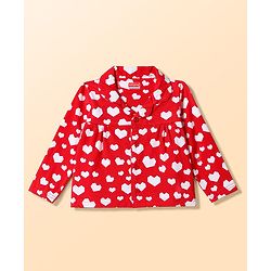 Babyhug Cotton Knit Full Sleeves Shirt & Pyjama Night Suit with Hearts Print - Red