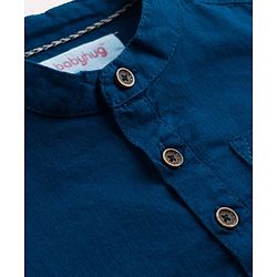 Babyhug 100% Cotton Woven Full Sleeves Solid Color Shirt & Pant Set - Blue & Beige
