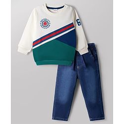 Babyhug Terry Knit Full Sleeves T-Shirt & Denim Jeans Set with New York Print & Cut & Sew Design - White & Green