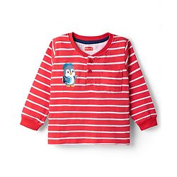 Babyhug Single Jersey Knit Full Sleeves Striped T-Shirt & Denim Jeans Set - Red & Blue