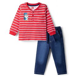 Babyhug Single Jersey Knit Full Sleeves Striped T-Shirt & Denim Jeans Set - Red & Blue