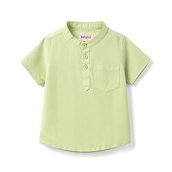 Babyhug Cotton Woven Half Sleeves Solid Colour Kurta Style Shirt & Denim Shorts Set - Light Green & Navy