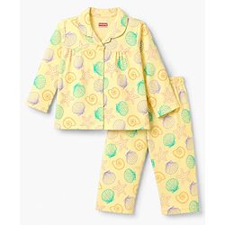 Babyhug Cotton Knit Full Sleeves Shirt & Pyjama Night Suit with Starfish Print - Yellow