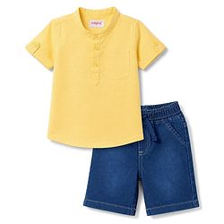 Babyhug Cotton Woven Half Sleeves Shirt & Denim Shorts Set - Yellow