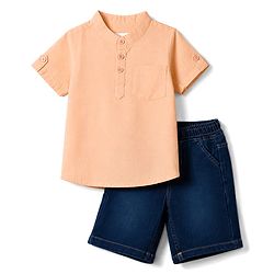 Babyhug Cotton Woven Half Sleeves Solid Color Shirt & Denim Shorts Set - Peach & Blue