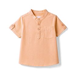 Babyhug Cotton Woven Half Sleeves Solid Color Shirt & Denim Shorts Set - Peach & Blue