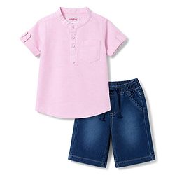 Babyhug Cotton Woven Half Sleeves Shirt & Denim Shorts Set - Pink
