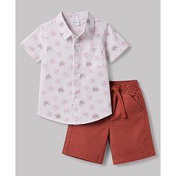 Babyhug 100% Cotton Woven Half Sleeves Tropical Theme Printed Shirt & Shorts Set - White & Dark Peach