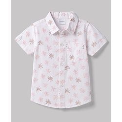 Babyhug 100% Cotton Woven Half Sleeves Tropical Theme Printed Shirt & Shorts Set - White & Dark Peach
