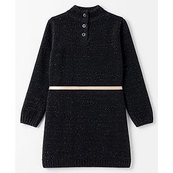 Babyhug Knit Full Sleeves Solid Colour Turtle Neck Sweater Dress with Belt- Black