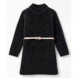 Babyhug Knit Full Sleeves Solid Colour Turtle Neck Sweater Dress with Belt- Black