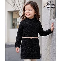 Babyhug Knit Full Sleeves Solid Colour Turtle Neck Sweater Dress with Belt- Black