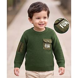 Babyhug Knit Full Sleeves Text Printed Pullover Sweater - Olive Green