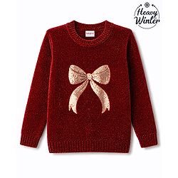 Babyhug Knit Full Sleeves Pullover With Glitter Bow Design - Maroon