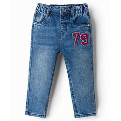 Babyhug Cotton Lycra Full Length Washed Denim Jeans With Number Embroidery - Blue