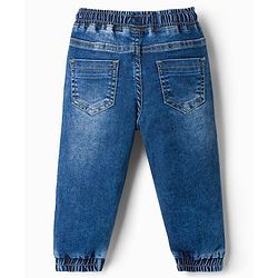 Babyhug Cotton Lycra Full Length Washed Denim Jeans with Text Embroidery & Stretch - Navy Blue