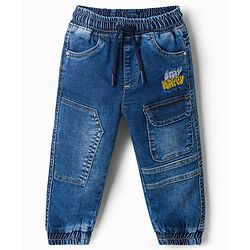 Babyhug Cotton Lycra Full Length Washed Denim Jeans with Text Embroidery & Stretch - Navy Blue