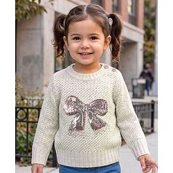Babyhug Knit Full Sleeves Bow Sequinned Pullover Sweater - Light Pink