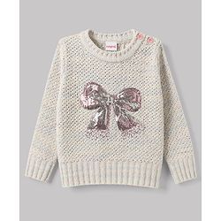 Babyhug Knit Full Sleeves Bow Sequinned Pullover Sweater - Light Pink