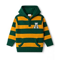 Babyhug Knit Striped Hooded Sweater with Kangaroo Pocket - Green
