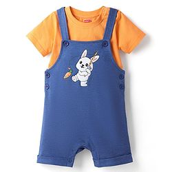 Babyhug Single Jersey Knit Dungaree Style Romper & Half Sleeve T-Shirt With Bunny Print - Orange & Blue
