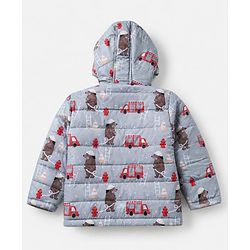 Babyhug Woven Jacket and Pant with Full Sleeves and Bear Print in Grey for 0-1 Month